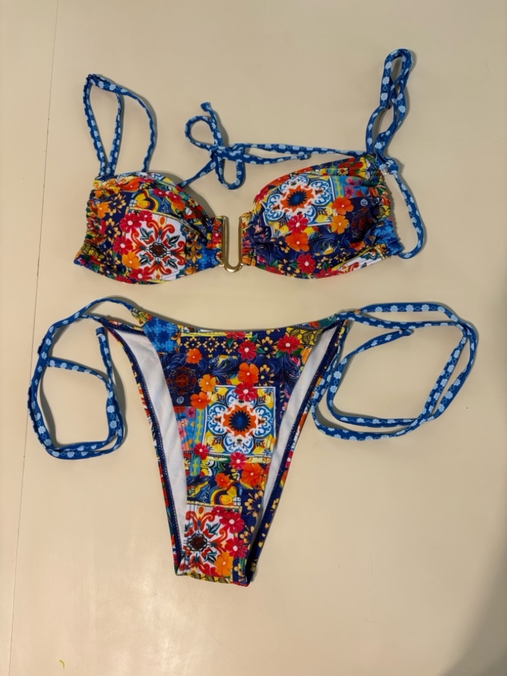 Floral Mosaic Blue Tie-Side Bikini Set